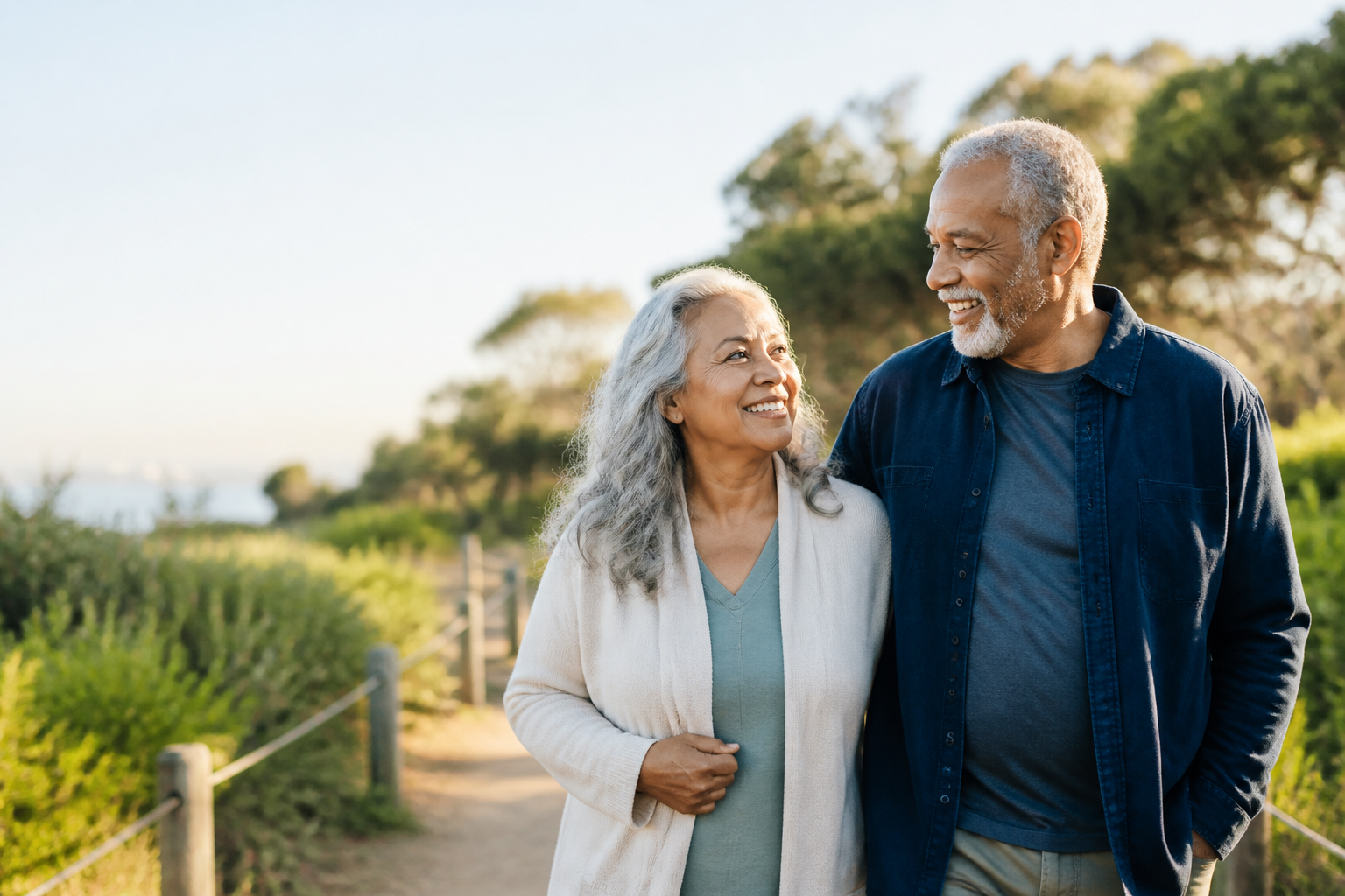 An older couple enjoying a sunny walk together